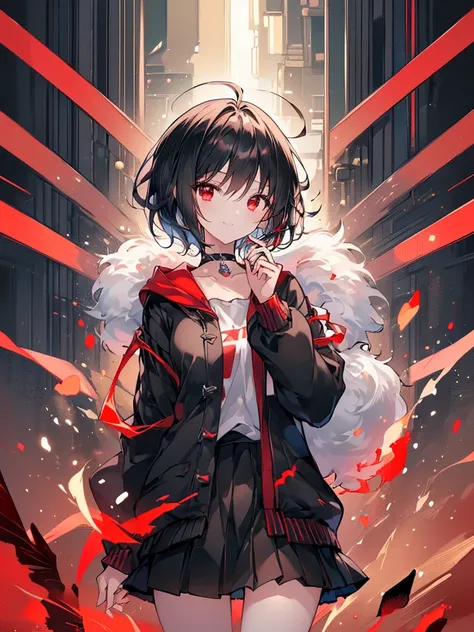 (masterpiece, highest quality, highest quality, (No text), Beautiful and aesthetic:1.2),No text,アニメ、BREAK,One Girl，Black Hair Girl　short hair　older sister　choker　Beautiful eyes　Red eyes　cool　smile　Red and Black　Black jacket　profile　mini skirt　whole body　In...