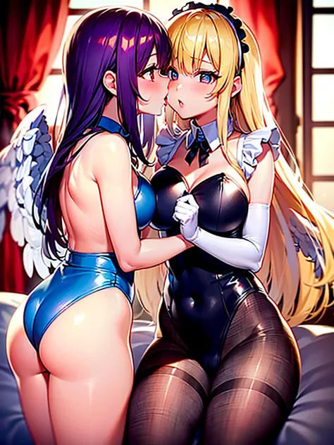 Highest quality,Highest Resolution,(((A beautiful girl with blue eyes and blonde hair in a maid leotard and white angel wings on her back)))and(((A beautiful girl with red eyes, purple hair, and black angel wings on her back in a gothic lolita leotard)))ar...