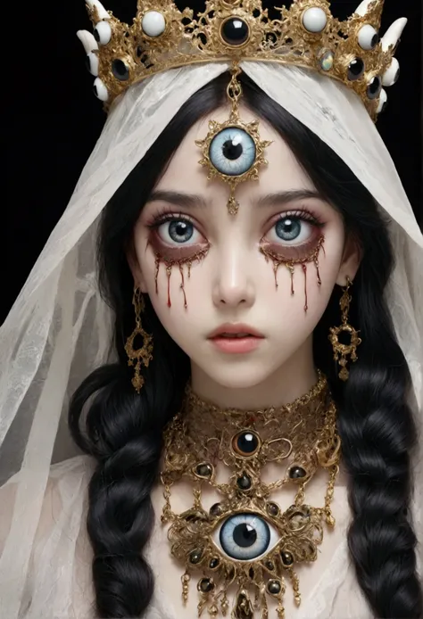 Grotesque Aesthetics：Girl with extra eyes，Tears，There are many eyeballs growing on the skin of the face，Eyeball Necklace，Eyeball Crown，Realistic eyeballs，teeth，Distorted face， Solitary，black background，crown，veil，Hands touch your face，3D eye bead necklace，...