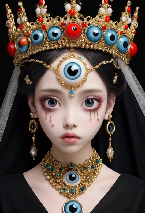 grotesque aesthetics：girl with extra eyes，tears，there are many eyeballs growing on the skin of the face，eyeball necklace，eyeball...