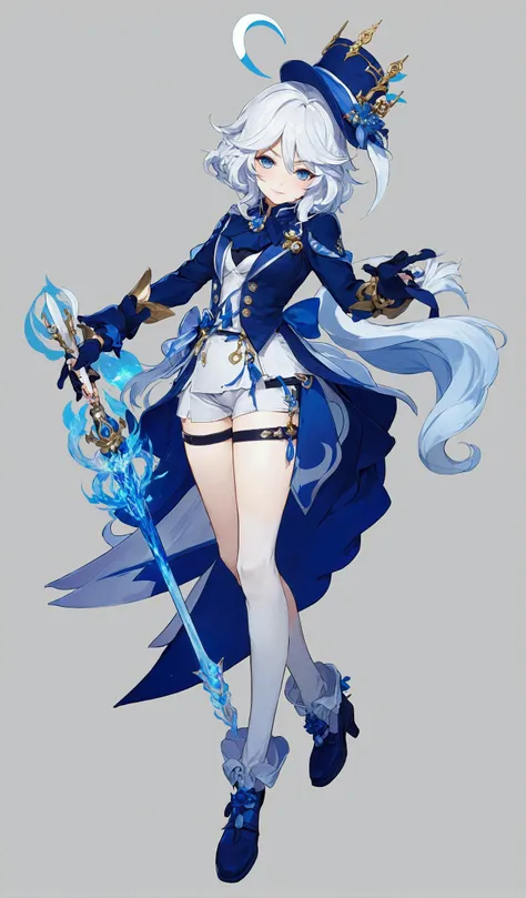 anime character dressed in blue and white with a sword and a hat, cushart krenz art key women, moon themed outfit, genshin impact character, full portrait of elementalist, Official character art, Ayaka Genshin Impact, ( ( character concept art ) ), genshin...