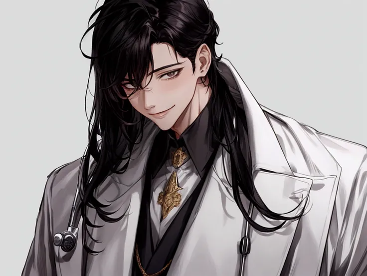 masterpiece,Dynamic Angle,Face close-up,masterpiece,30 year old mature male doctor，Horny,smile,One person、excited,transformation,Black Hair,Slightly longer hair, Scientist,Wear a white coat as a doctor&#39;s outfit，（White Undershirt 1.5）,(The background is...