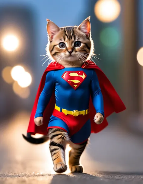 Short-footed cat, ((Superman costume)), Spectacular sights, Dynamic Camera, Backlight, (closure:1.2), High-quality photos, Three-point lighting, Flash with softbox, 4K, Canon EOS R3, high resolution, Smooth, Clear focus, high resolution, Award-winning phot...