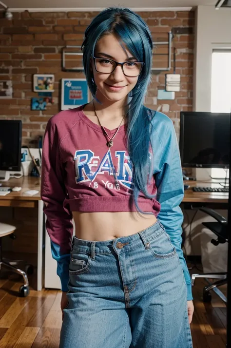 Slim, glasses, dyed blue hair, quirky, casual, fun-loving, gamer, nerdy, smiling, full color, real teen 18 years old, 4k