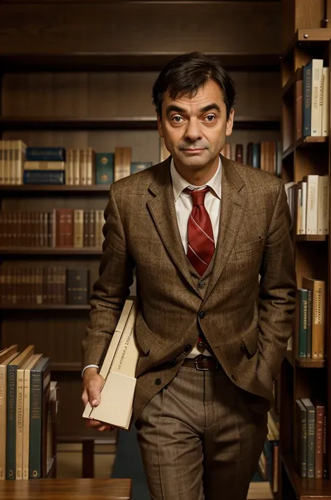 Create a hyper-realistic image of Mr. Bean entering the library, looking around curiously. He is wearing his brown tweed jacket, white shirt, and red tie. The background should include rows of bookshelves, study tables with students, and a librarians desk,...