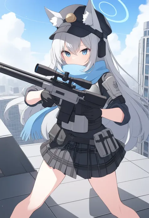 girl，silver long hair, blue eyes, wear body armor,wearing a black mask，a sky blue scarf, black gloves, and black plaid skirt, on...