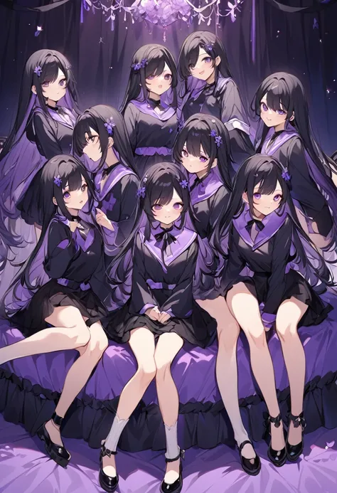 Keito。Purple hoodie。Black Skirt。Purple Eyes。Black Hair。Black shoes下。Black shoes。7 Sistery eldest daughter has lavender hair.。all female。Seven siblings。Purple bed