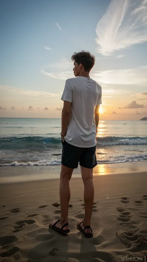 a boy in the beach, wearing a fashion clothes and his back are on teh view point, watching the sunset 