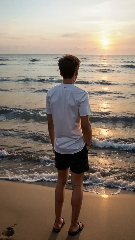 a boy in the beach, wearing a fashion clothes and his back are on teh view point, watching the sunset 