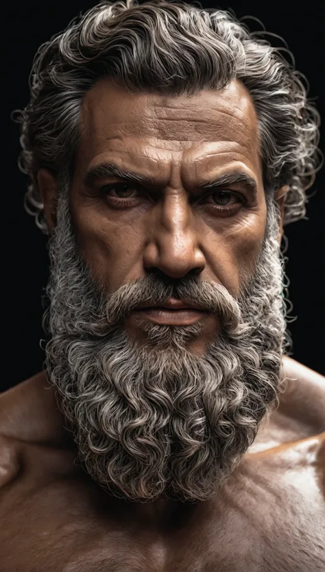 Greek philosophy statue with beard and muscles, cinematographic, 8k, darkness background, Detailed symmetrical realistic face, extremely detailed natural texture, peach fuzz, shorth hair, master part, absurderes, award-winning photo by Lee Jeffries, Nikon ...