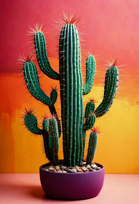 spiky cactus silhouette with abstract multicolor interior