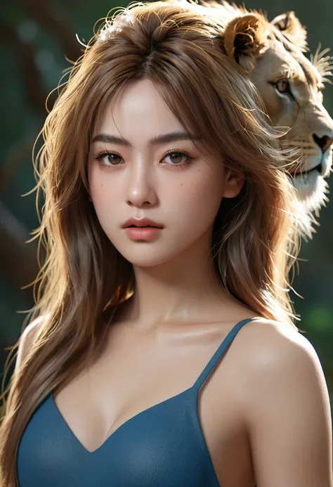 Ultra Detailed Beautiful Girl, with Fierce Lioness, Cinematic, Cinematic Light, Realistic, 3d Rendering, Highly Detailed Face, Highly Detailed, Realistic Appearance, Lifelike, Realistic Girl, Highly Detailed Hair