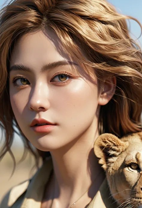 Ultra Detailed Beautiful Girl, with Fierce Lioness, Cinematic, Cinematic Light, Realistic, 3d Rendering, Highly Detailed Face, Highly Detailed, Realistic Appearance, Lifelike, Realistic Girl, Highly Detailed Hair