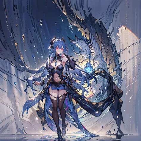 The lower half of her body is a large spider with eight legs and a very dark blue color, while the upper half of her body has dark blue hair that reaches down to her waist and an M-shaped bangs, sharp red eyes, and a sleeveless top that shows off her upper...