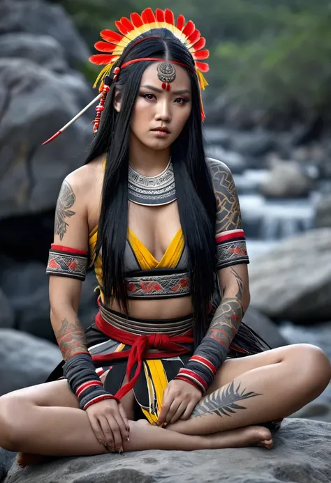 8k 3d uhd hyper-detailed ultra realistic representation colors yellow tones black and gray tones, a young warrior in traditional asian clothing, red tattoos all over her body, long black hair decorated with ribbons and feathers, she sits on the rocks with ...