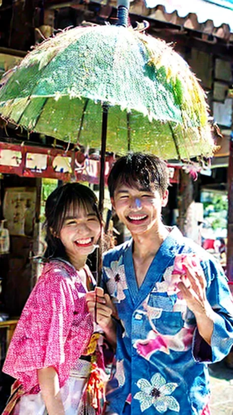 Summer festival　Two young men and women wearing yukata　Laughing　Have cotton candy　Lined with food stalls　Japan　sunny　cumulonimbus　