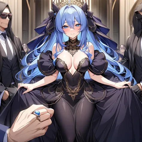 ((Highest quality)), ((masterpiece)), (detailed), （Perfect Face）、The woman is Luxtia, with medium-long blue hair, wearing a gorgeous black wedding dress with gold embroidery and trim, a black wedding veil, and an engagement ring.、The woman is happily getti...