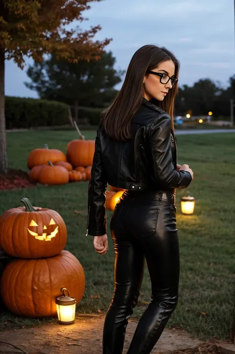 teenager girl, pale, wearing glasses brown shoulder length brown straight hair, black leather jacket, black leather leggings, black heels, halloween night on the hayride low angle backside view