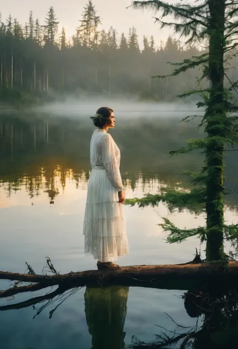 double exposure style, The story set 1924 in Seattle, a woman wear old white dress stand on natural land, background Nimpkish Lake at a logging northern Vancouver Island, sunset, great golden hour, fog, green and blue unsaturated