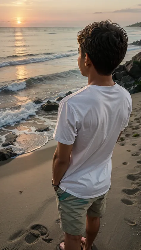 a boy in the beach, wearing a fashion clothes and his back are on teh view point, watching the sunset 