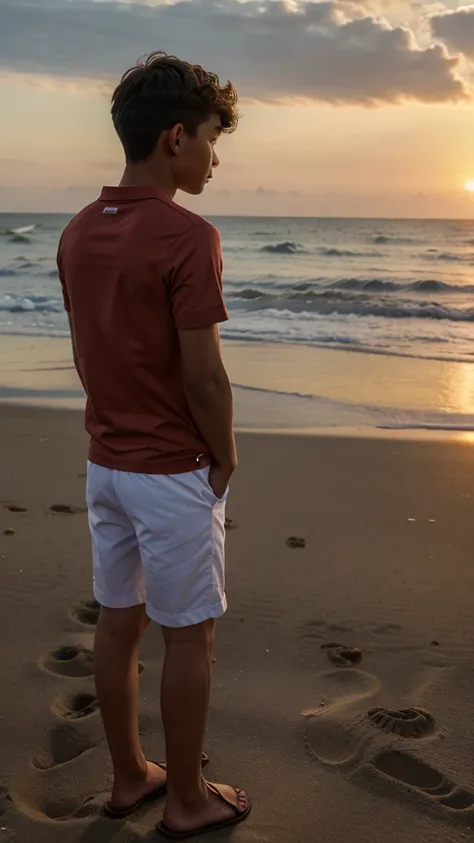 a boy in the beach, wearing a fashion clothes and his back are on teh view point, watching the sunset 