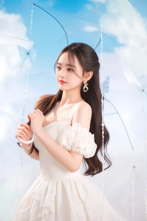 there is a woman in a white dress holding an umbrella, full body xianxia, dilraba dilmurat, sha xi, inspired by Huang Ji, official artwork, ulzzang, xintong chen, jia, li zixin, xision wu, chengyou liu, fanart, ruan jia beautiful!, yanjun chengt, xianxia