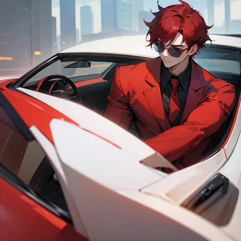 Handsome man, ผมทรงทูบล็อค, dark glasses, red hair, wearing a red suit.  White shirt, red tie, sports car in the background, ไม่มีหนวด 