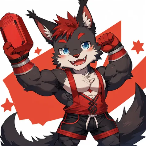 ((Furry lynx cat)), ((chibi)), chibi, chibi, chibi, chibi, body fully covered in black fur, ((fully covered in black fur)), ((black fur)), sharp fangs, sharp teeth, summer shorts outfit, cute, blue eyes, red chest hair, red eyebrows, red armpit hair, black...