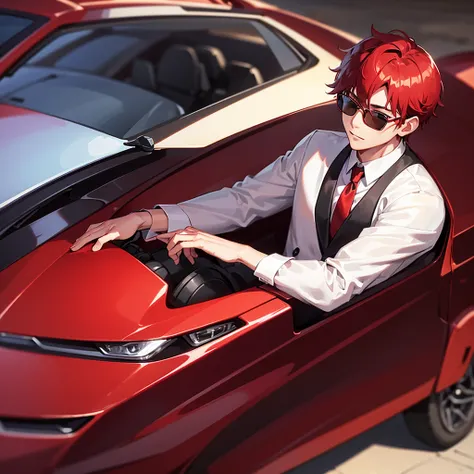 Handsome man, ผมทรงทูบล็อค, dark glasses, red hair, wearing a red suit.  White shirt, red tie, sports car in the background, ไม่มีหนวด 