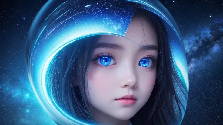 A fantastic night sky and starry sky reflected in clear eyes。The clear eyes、Please make sure only the eyes are visible。Please finish the whole thing in blue.