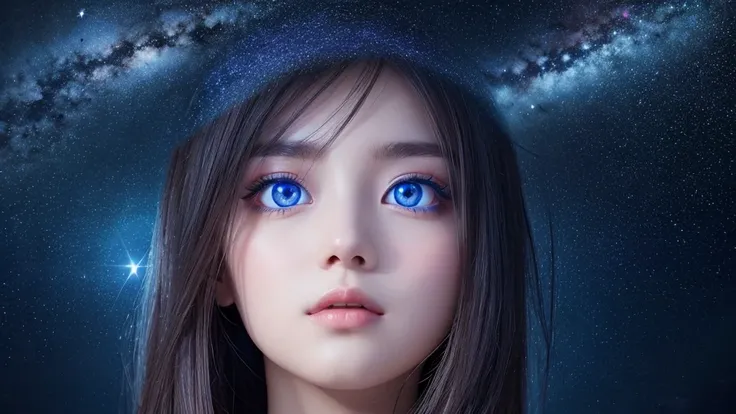 A fantastic night sky and starry sky reflected in clear eyes。The clear eyes、Please make sure only the eyes are visible。Please finish the whole thing in blue.