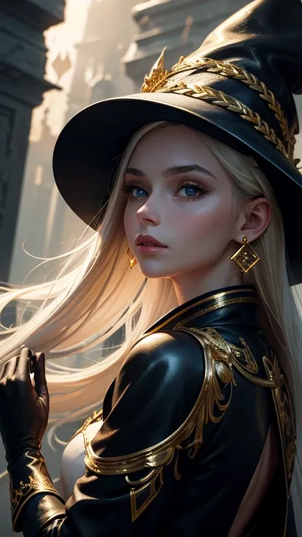 masterpiece, highest quality, whole body, ((front view)), (perfect face:1.1), (high detail:1.1),1 girl, ((back light)), clothes with gold decorations, long black leather gloves, white witch hat, gold earrings, blue lighting, dawn