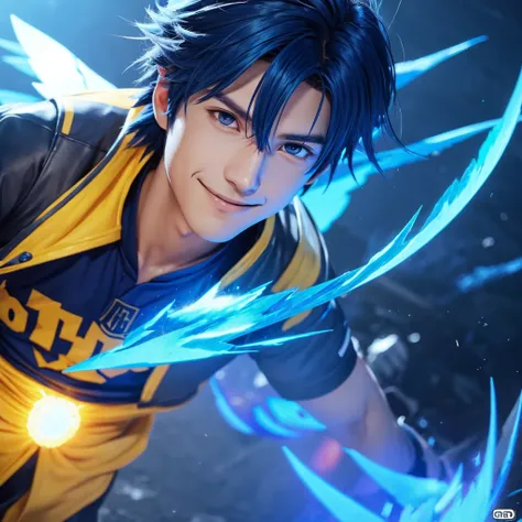 a standing next to a guy with blue wings that looks like he is a Japanese anime style, Gaming texture, manga cover style, Dota2 hero VConUPLE, A close up of A man Person Walking Facing Right, high angle perspective, a Mouth Smile, Boys Face style, Black wi...