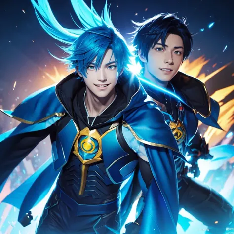 a standing next to a guy with blue wings that looks like he is a Japanese anime style, Gaming texture, manga cover style, Dota2 hero VConUPLE, A close up of A man Person Walking Facing Right, high angle perspective, a Mouth Smile, Boys Face style, Black wi...