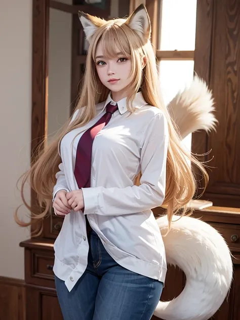 ((Highest quality)), ((masterpiece)), (Familiar), Perfect Face, fox lady, Pretty girl, Fox Ears, Fox tail, She has a northern fox tail, She wags her fluffy tail, She is a pretty office worker., Beautiful hip line, Thick thighs, One big tail, The tail is st...