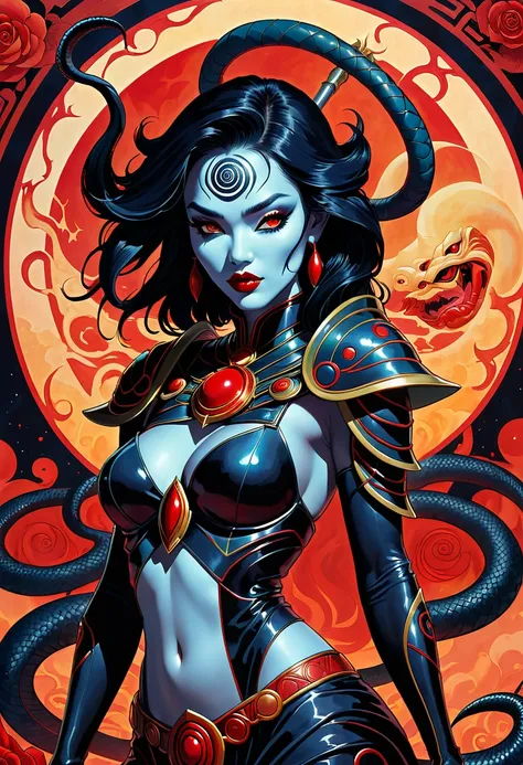 slayer of apep, kiss of death, elara, legacy of the red sun, in the style of james jean