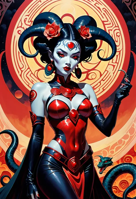 slayer of apep, kiss of death, elara, legacy of the red sun, in the style of james jean