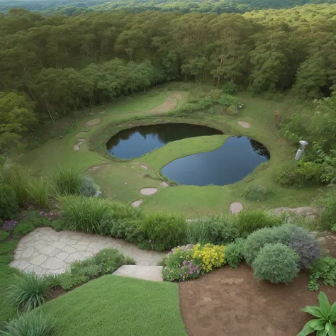 Help me create a landscaping project, viewed from the top, com plantas, a small lake