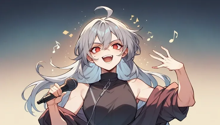 1 teen girl character。Full body portrait、gray hair color、Glowing red eyes、Long Hair、There is a mole under the left eye、Singing with a microphone、On a transparent background、Depict people only。