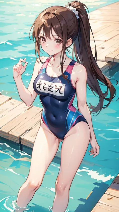 One piece type competitive swimsuit　Brown hair ponytail　Great style　blush　smile　Standing facing forward　Up to the knee　She&#39;s wearing nothing but her swimsuit