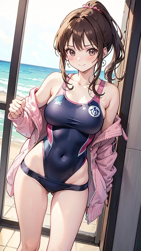 One piece type competitive swimsuit　Brown hair ponytail　Great style　blush　smile　Standing facing forward　Up to the knee　She&#39;s wearing nothing but her swimsuit