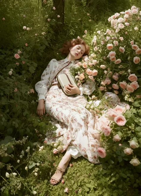 arafed woman laying in a field of flowers with a suitcase, laying on roses, inspired by Konstantin Somov, monia merlo, in style of tim walker, in style of petra collins, girl in a bed of flowers, floral dream, inspired by Cecil Beaton, lying on the woods p...