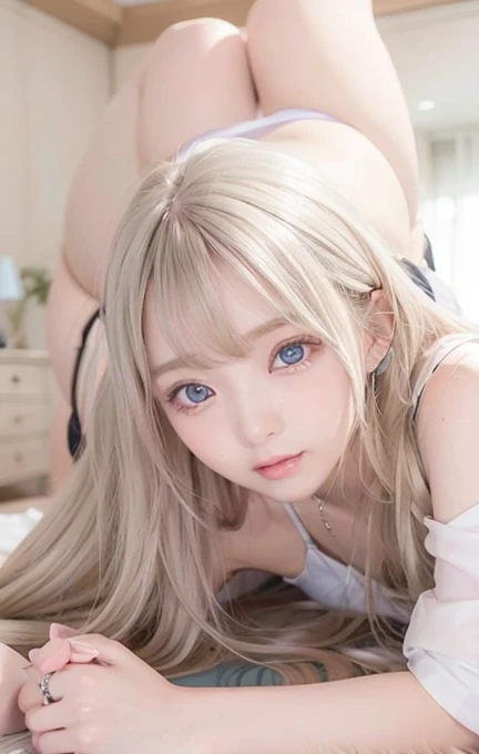 silver shiny hair, super long straight silky hair, dazzling blonde super long silky hair, cute little beautiful face of 16 years old, beautiful girl, sparkling blonde dancing in front of her cute face, long silky bangs covering the space between her eyes, ...