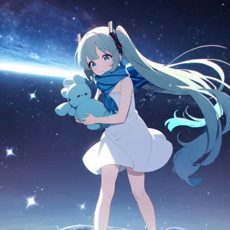 Clear for content(((masterpiece))), (((best quality))),(((high detail))),light manipulation, girl teen with cyan hair, gradient blue to cyan eyes, wearing a white dress, a blue scarf, (((loli))), (((child))) , galaxy background, holding a aqua teddy bear, ...