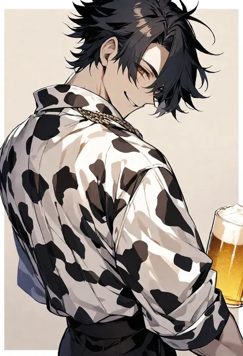 Solo,handsome, monotone,
1. male,
bangs,Bob Hair, mash hair ,the back of ones neck,
black hair, 
Gojo Satoru ,
brown Eyes,Soft look,
beautiful,sexly,Darkness,gold necklace,
cow-patterned clothes,smile, drink beer,
simple background ,
meadow background,