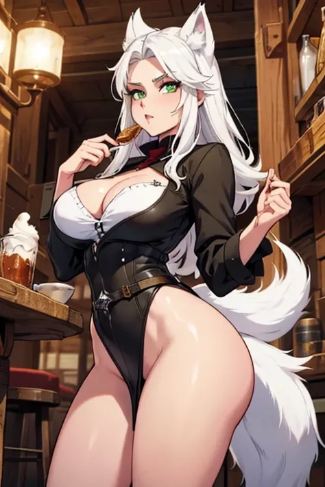 Perfect face, perfect hands. A white haired female cowgirl with green eyes with an hourglass figure with white wolf ears and a white wolf tail in a conservative cowgirl outfit is eating a dinner in a saloon