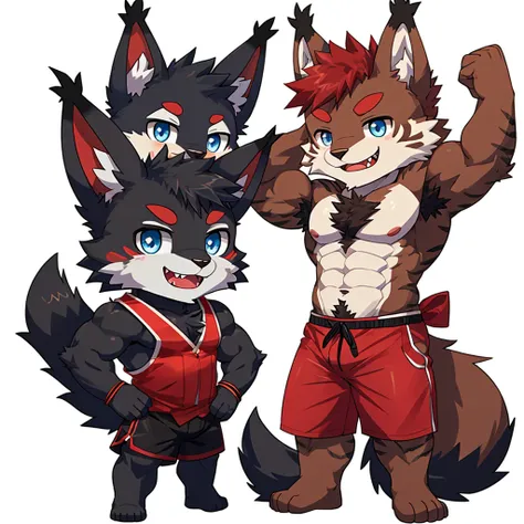 ((Furry lynx cat)), ((chibi)), chibi, chibi, chibi, body fully covered in black fur, ((fully covered in black fur)), ((black fur)), sharp fangs, sharp teeth, summer shorts outfit, cute, blue eyes, red chest hair, red eyebrows, red armpit hair, black nose, ...