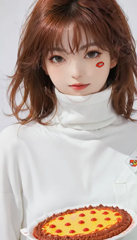 best quality, masterpiece, Kirillite Mashup, Solitary, 1 Girl, black eyes, White Turtleneck Shirt, (Red Cliff: 0.6), light-red hair, sticker, Emoticons, Lovely, White background, ((Make Food))