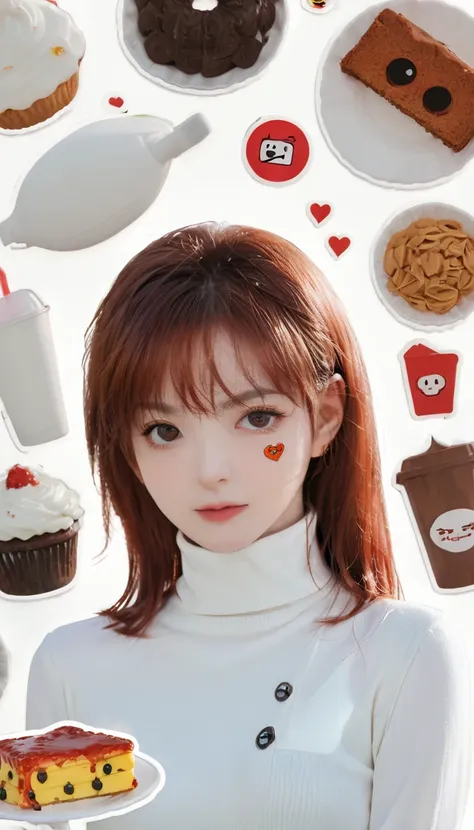 best quality, masterpiece, Kirillite Mashup, Solitary, 1 Girl, black eyes, White Turtleneck Shirt, (Red Cliff: 0.6), light-red hair, sticker, Emoticons, Lovely, White background, ((Make Food))