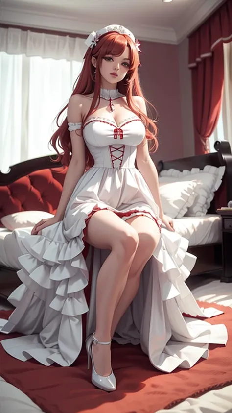 (high resolution,8k) (Two female, )vestimentas ,breasts big, hug,long hair, (dress too small )white color with red details ,bed-in, kneelingpose 